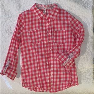 Pink plaid button down shirt with roll up sleeves